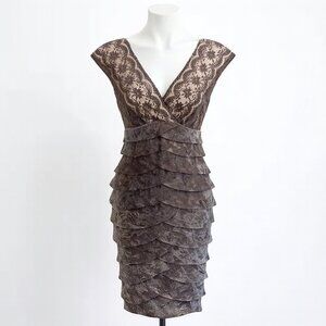 Adrianna Papell Brown Lace & Ruffle Tiered Sheath Cocktail Dress Size 6